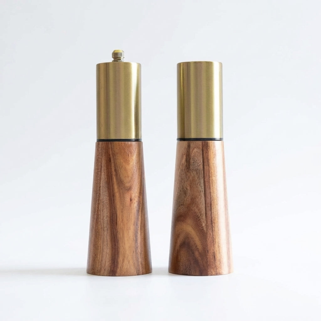 Acacia Wood Mill & Shaker Set | Brass Detail
