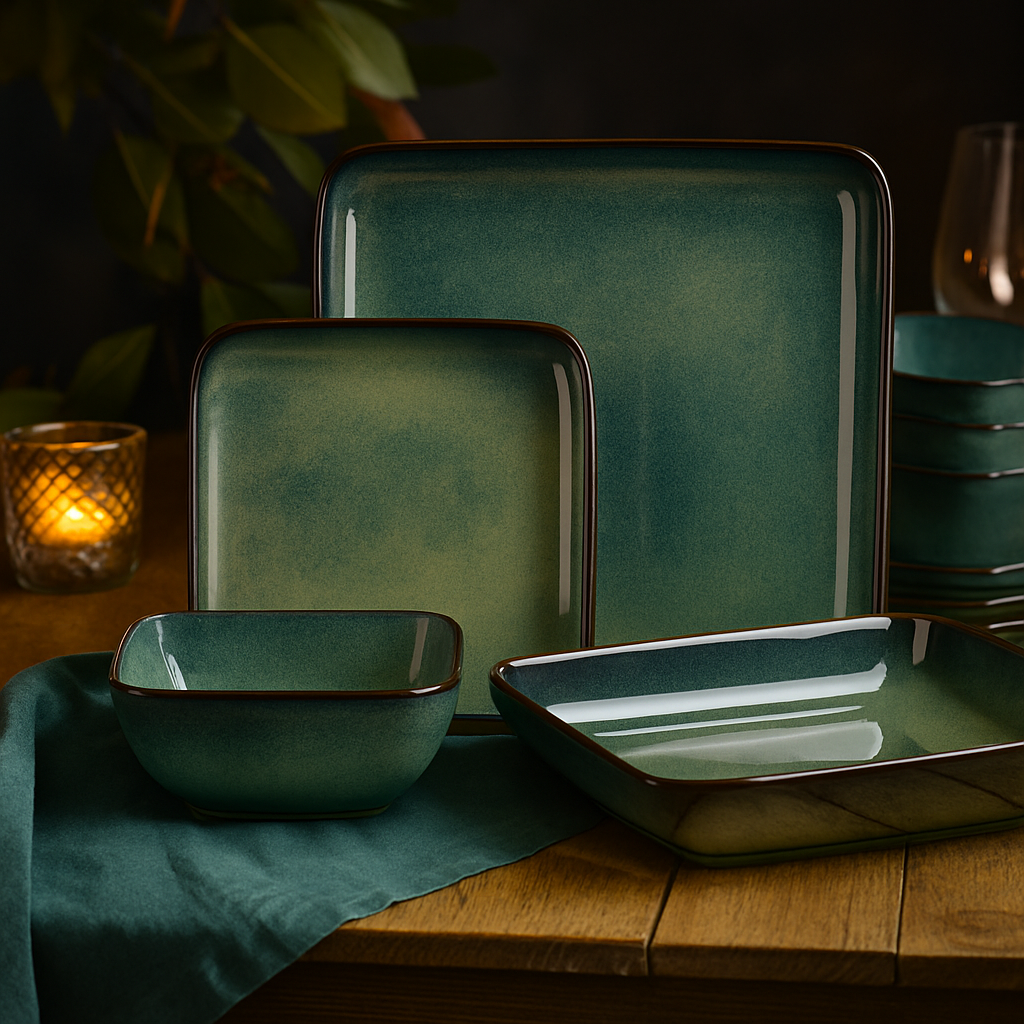 Dinnerware Set Handcrafted Ceramic 16-Piece – Green, Blue and White with Red