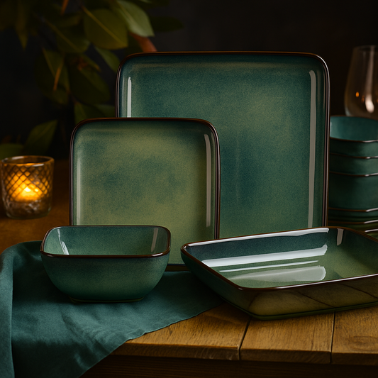 Dinnerware Set Handcrafted Ceramic 16-Piece – Green, Blue and White with Red