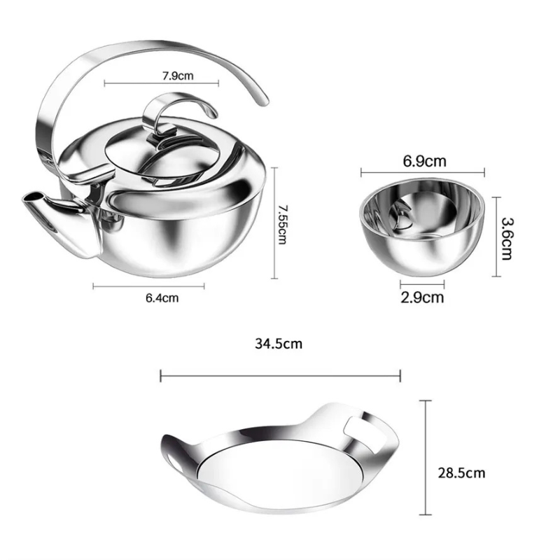 Stainless Steel Tea Set – Teapot, Cups & Tray - Petal Collection