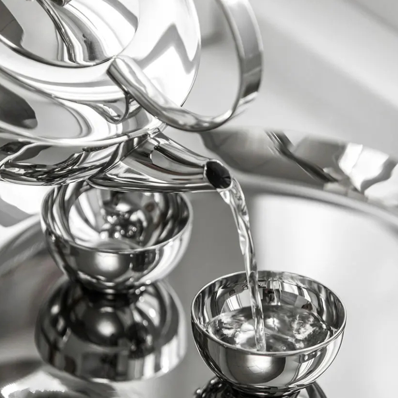 Stainless Steel Tea Set – Teapot, Cups & Tray - Petal Collection