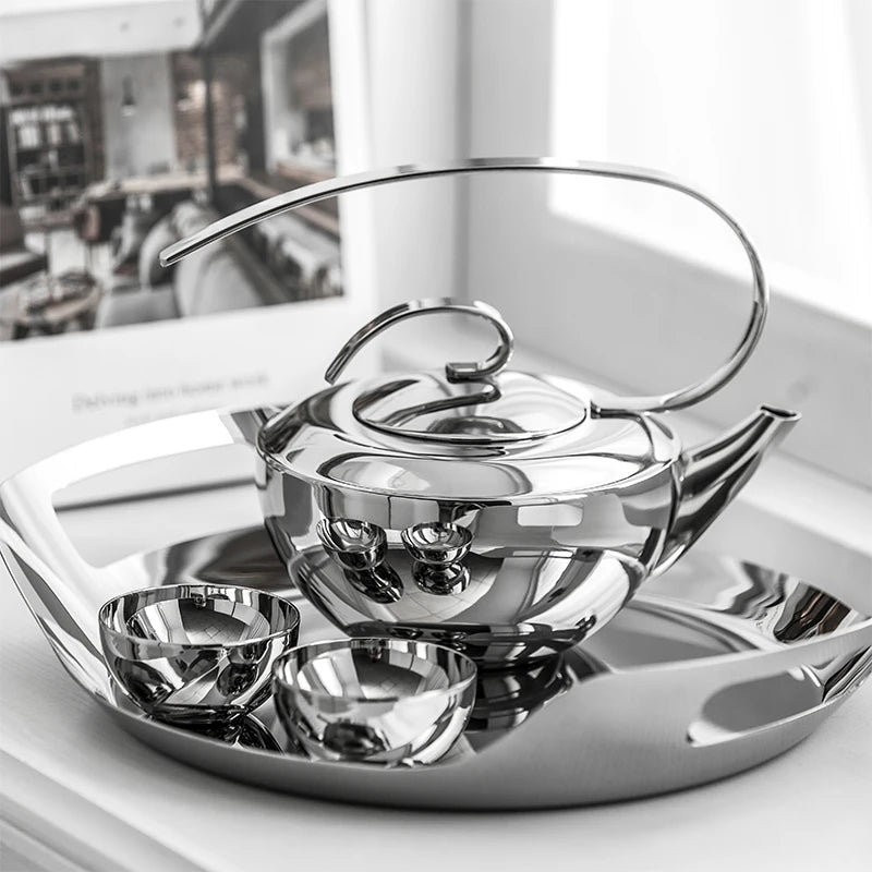 Stainless Steel Tea Set – Teapot, Cups & Tray - Petal Collection