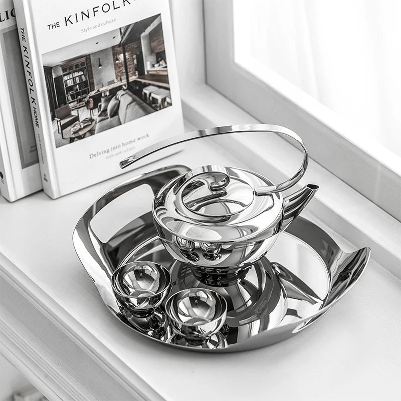 Stainless Steel Tea Set – Teapot, Cups & Tray - Petal Collection
