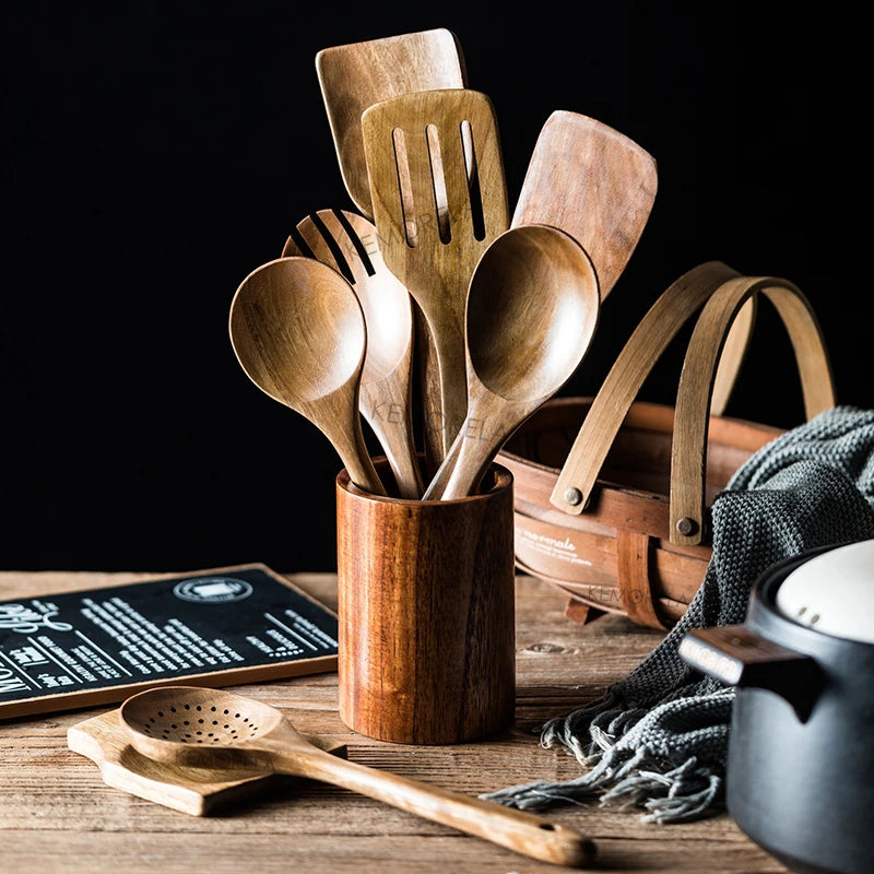Acacia Wooden Kitchen Utensils Set – Spoons, Holder & Spoon Rest 9-Piece