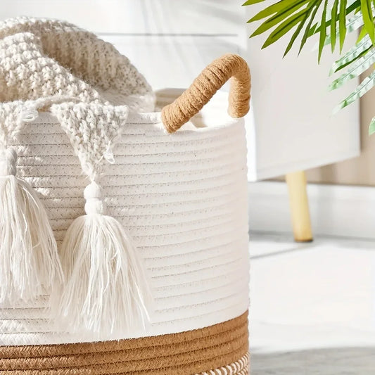 Cotton Rope Storage Basket – Woven Blanket & Laundry Organizer for Living Room