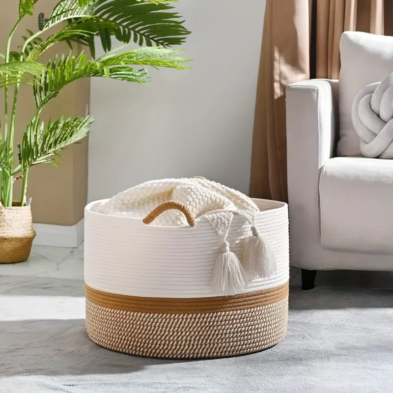 Cotton Rope Storage Basket – Woven Blanket & Laundry Organizer for Living Room
