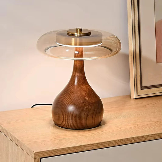 Retro Wooden Desk Lamp with Glass Shade – Warm Light Bedside & Table Lamp
