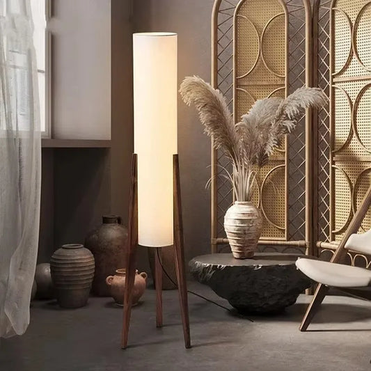 Nordic Scandinavian Solid Wood Floor Lamp – Retro Tripod Light with Fabric Shade (Walnut or Light Oak)