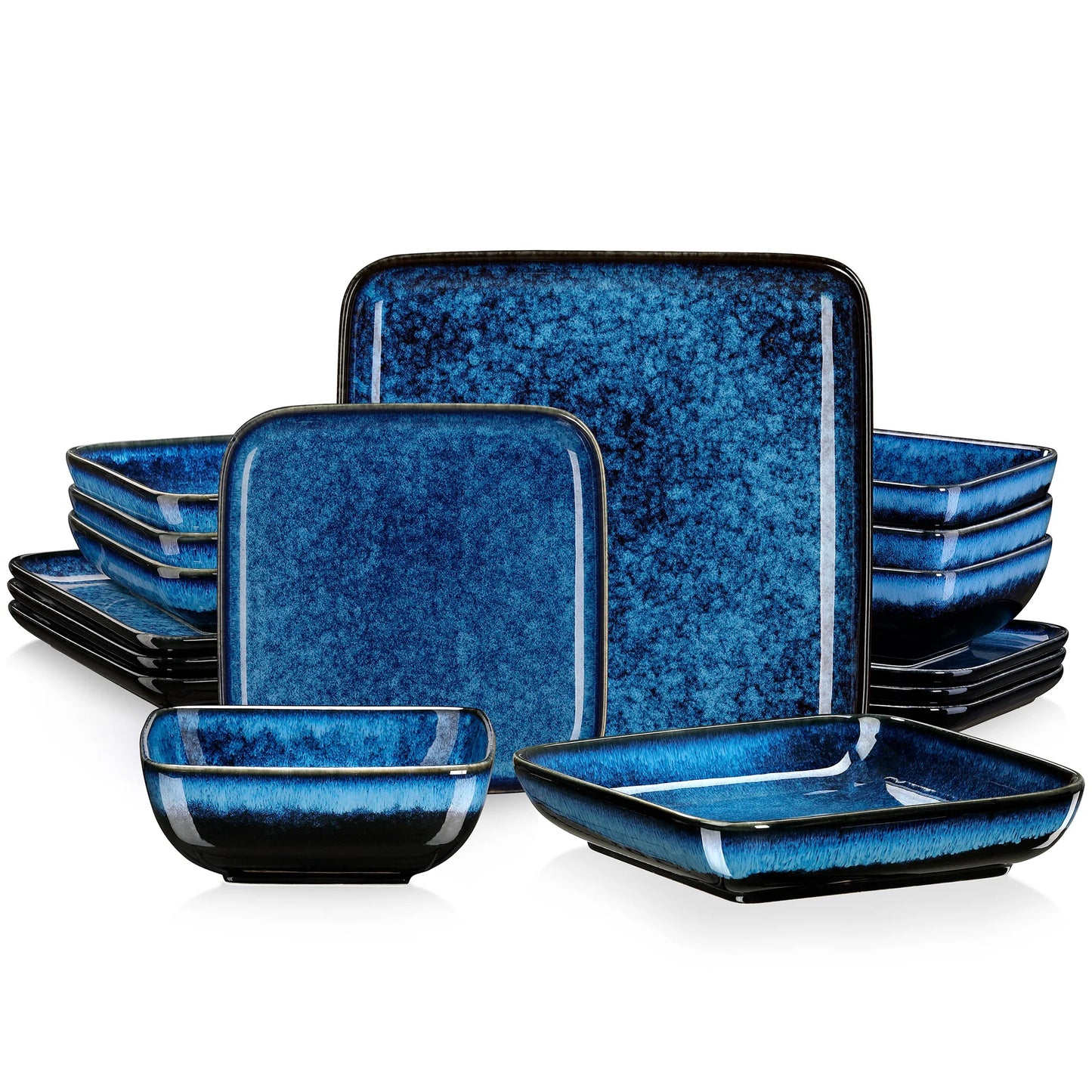 Dinnerware Set Handcrafted Ceramic 16-Piece – Green, Blue and White with Red