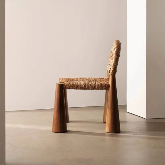 Solid Wood Chair with Raffia Seat - Vintage Boho Rattan Armchair