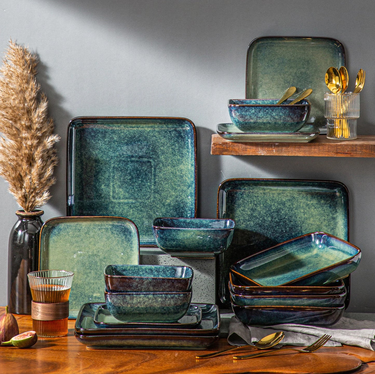Dinnerware Set Handcrafted Ceramic 16-Piece – Green, Blue and White with Red