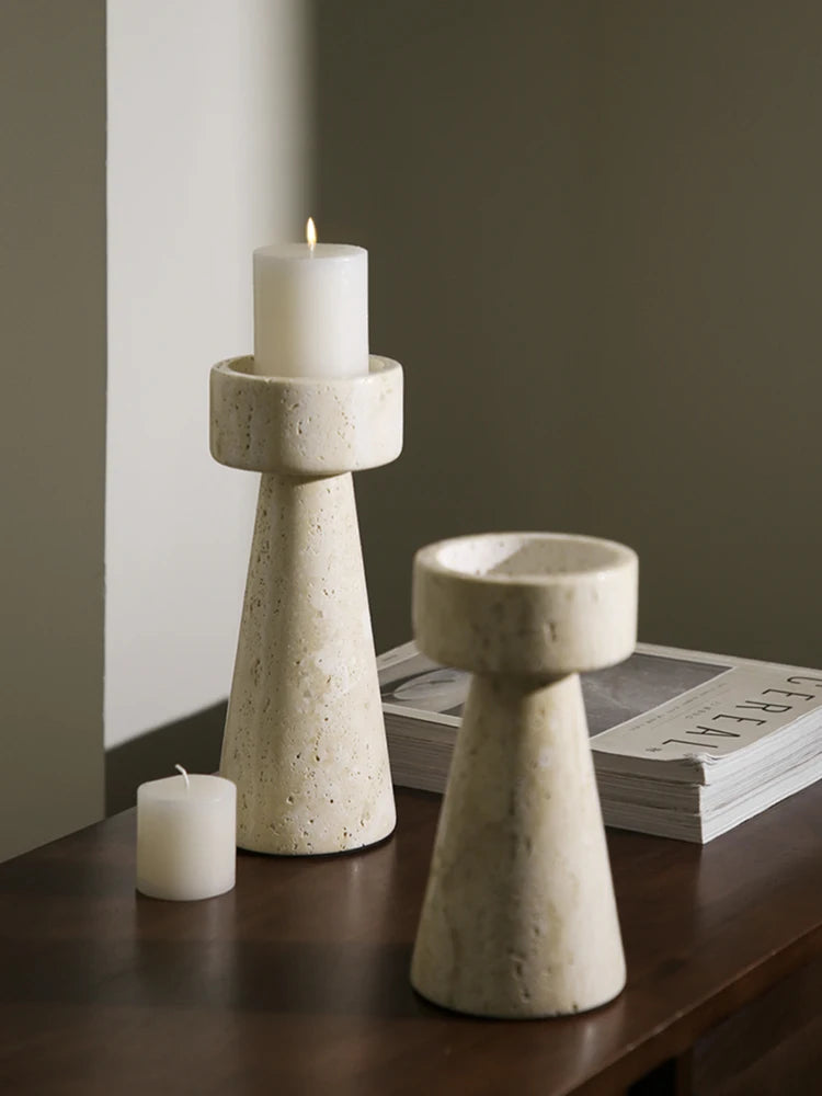 Minimalist Marble Candle Holder – Travertine Stone Taper Candlestick