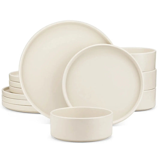 White Stoneware Tableware Set – 12/24-Piece Minimalist Dinnerware for 4/8 People