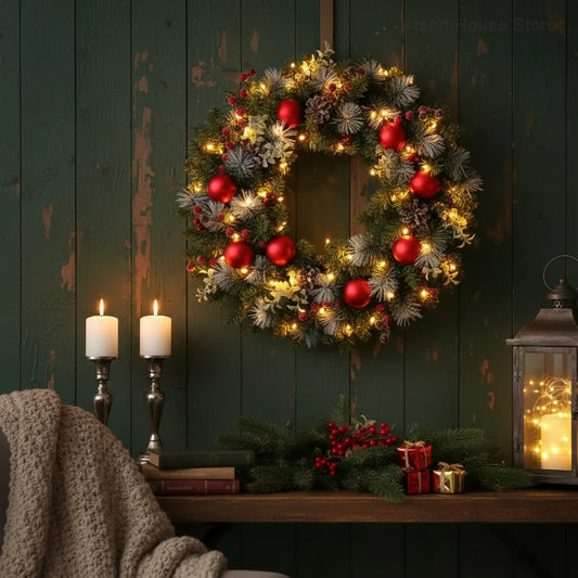 LED Christmas Wreath with Pinecones & Red Berries – Holiday Door Garland