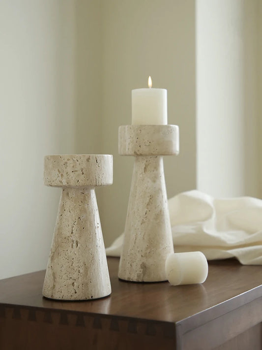 Minimalist Marble Candle Holder – Travertine Stone Taper Candlestick