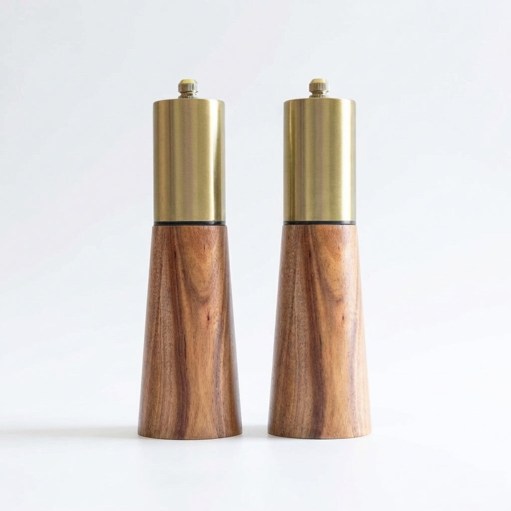 Acacia Wood Mill & Shaker Set | Brass Detail
