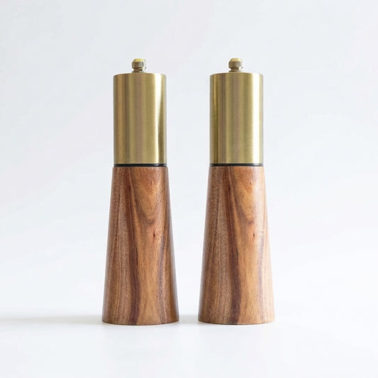 Acacia Wood Mill & Shaker Set | Brass Detail