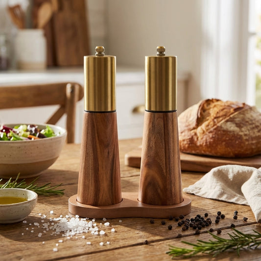 Acacia Wood Mill & Shaker Set | Brass Detail
