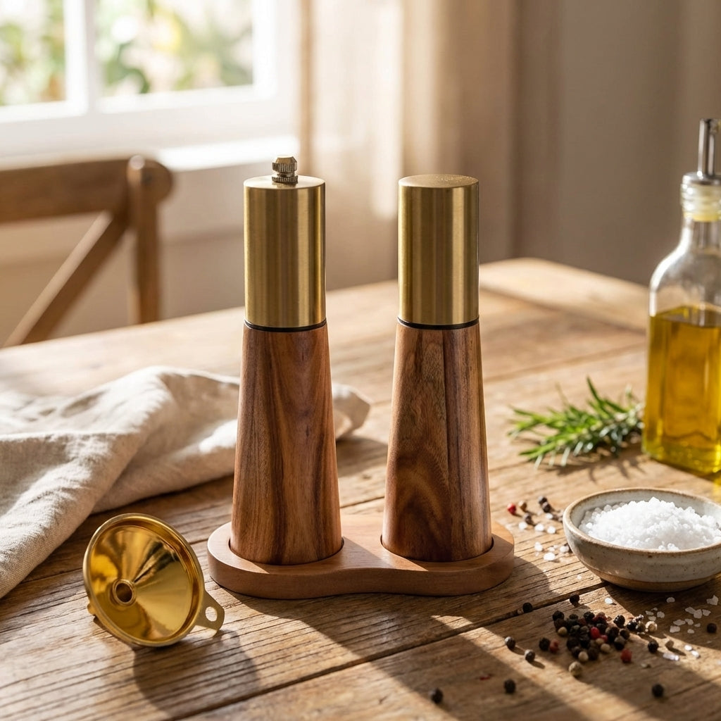 Acacia Wood Mill & Shaker Set | Brass Detail