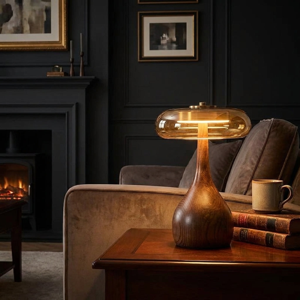 Halo Timber Lamp |  Solid Walnut & Tinted Glass