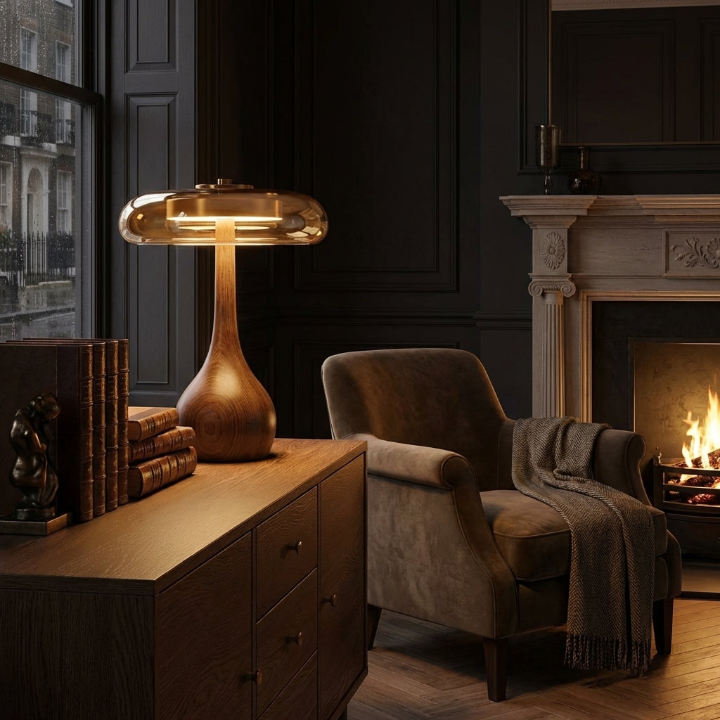 Halo Timber Lamp |  Solid Walnut & Tinted Glass