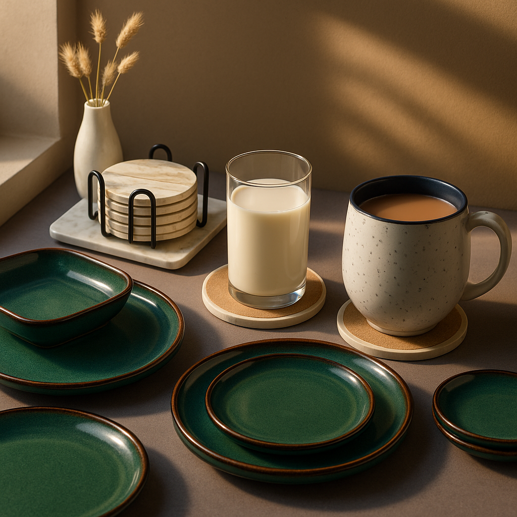 Marble Effect Ceramic Coaster Set – 6pcs with Holder, 10.2cm Drink Coasters for Table Protection