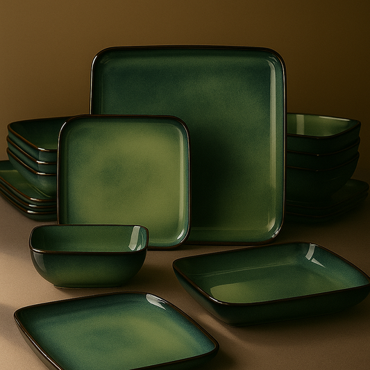 Dinnerware Set Handcrafted Ceramic 16-Piece – Green, Blue and White with Red