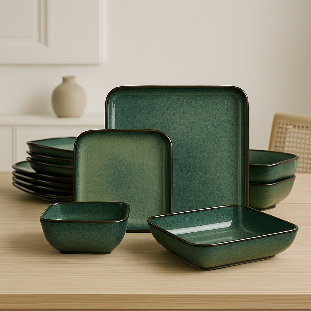 Dinnerware Set Handcrafted Ceramic 16-Piece – Green, Blue and White with Red