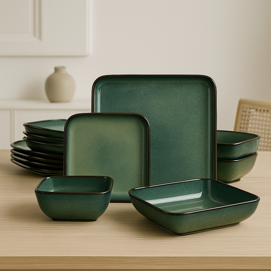 Dinnerware Set Handcrafted Ceramic 16-Piece – Green, Blue and White with Red