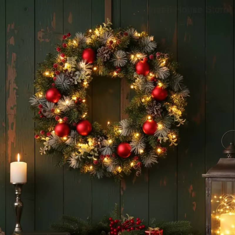 LED Christmas Wreath with Pinecones & Red Berries – Holiday Door Garland