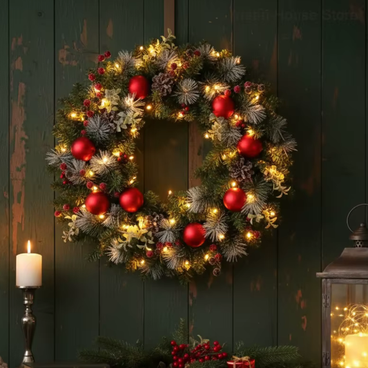 LED Christmas Wreath with Pinecones & Red Berries – Holiday Door Garland