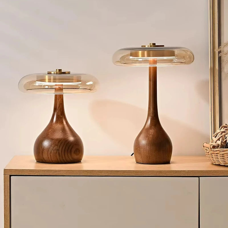 Retro Wooden Desk Lamp with Glass Shade – Warm Light Bedside & Table Lamp