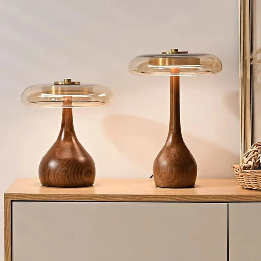 Retro Wooden Desk Lamp with Glass Shade – Warm Light Bedside & Table Lamp