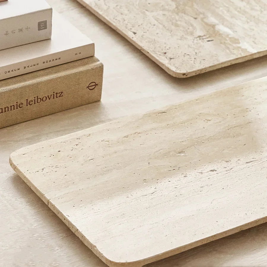 Natural Marble Tray – Beige Travertine Plate for Serving & Decor Organisation