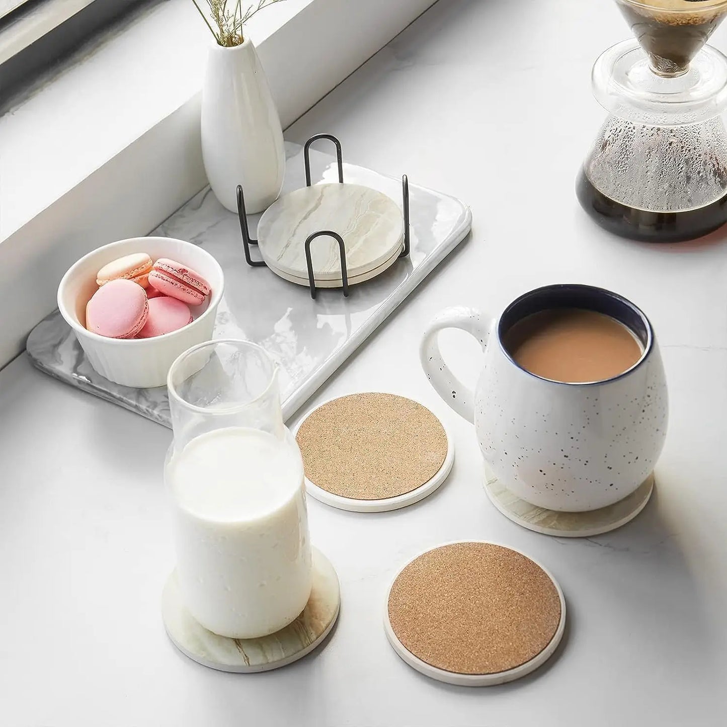 Marble Effect Ceramic Coaster Set – 6pcs with Holder, 10.2cm Drink Coasters for Table Protection