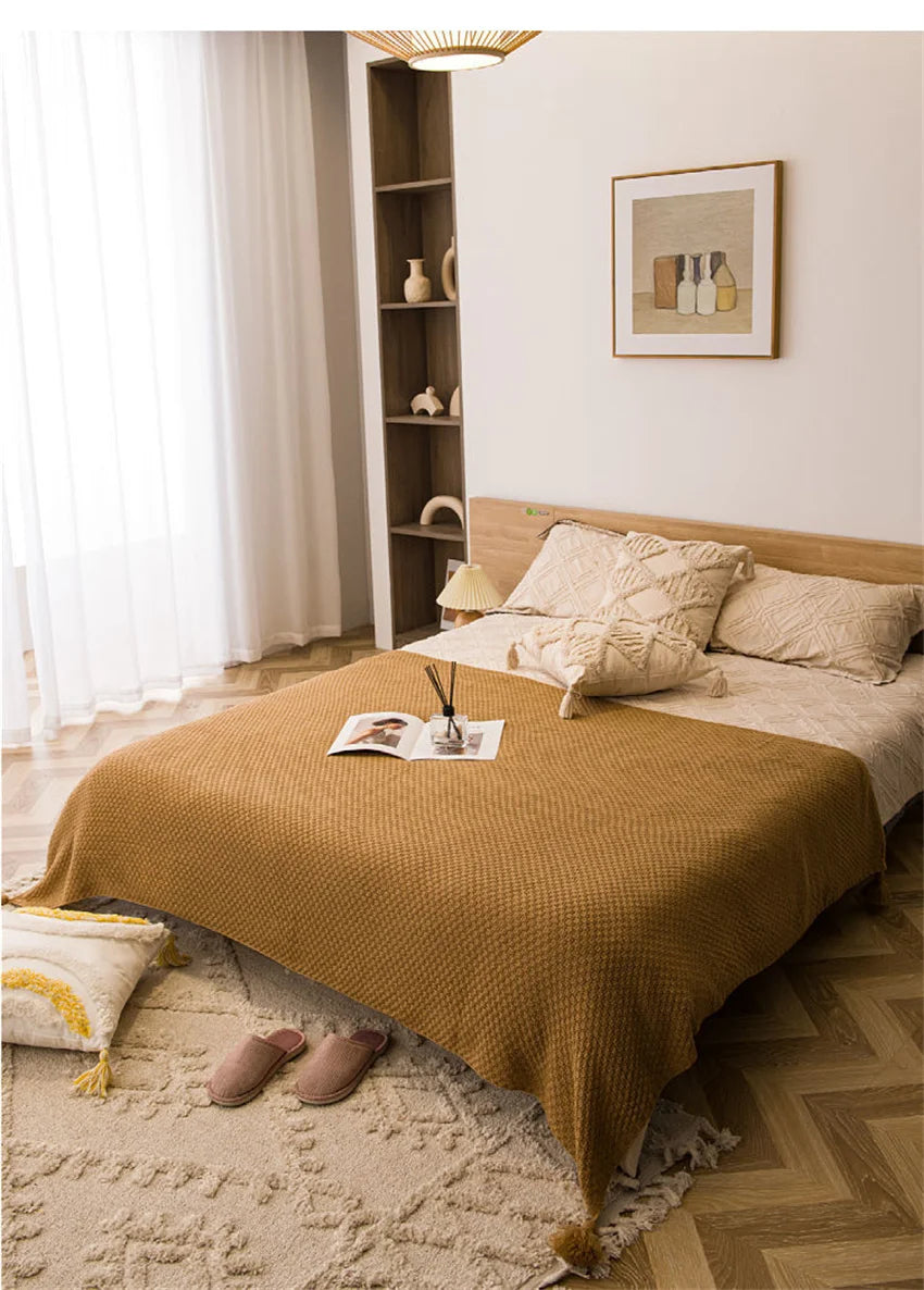 Boho Chunky Knit Throw Blanket with Tassels – Sand, Brown & Grey