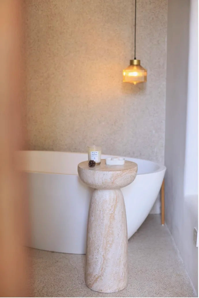 Organic-Shaped Side Table with Realistic White & Beige Marble Effect