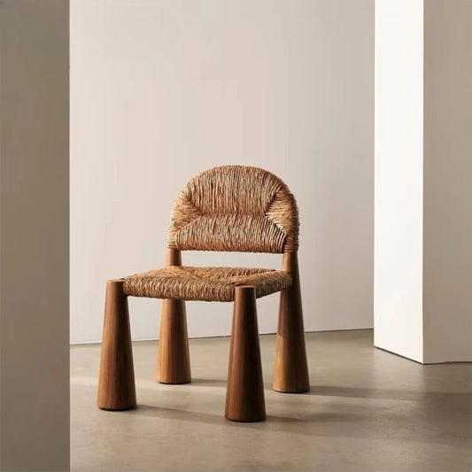 Solid Wood Chair with Raffia Seat - Vintage Boho Rattan Armchair
