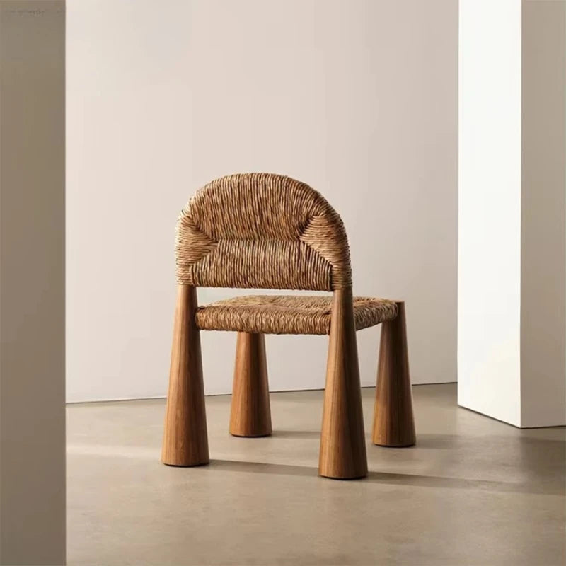 Solid Wood Chair with Raffia Seat - Vintage Boho Rattan Armchair