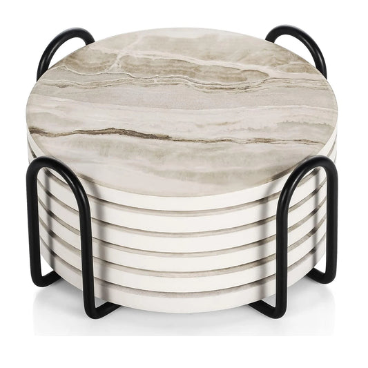 Marble Effect Ceramic Coaster Set – 6pcs with Holder, 10.2cm Drink Coasters for Table Protection