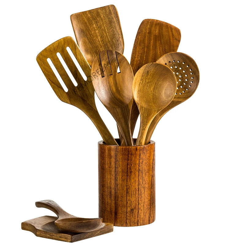 Acacia Wooden Kitchen Utensils Set – Spoons, Holder & Spoon Rest 9-Piece