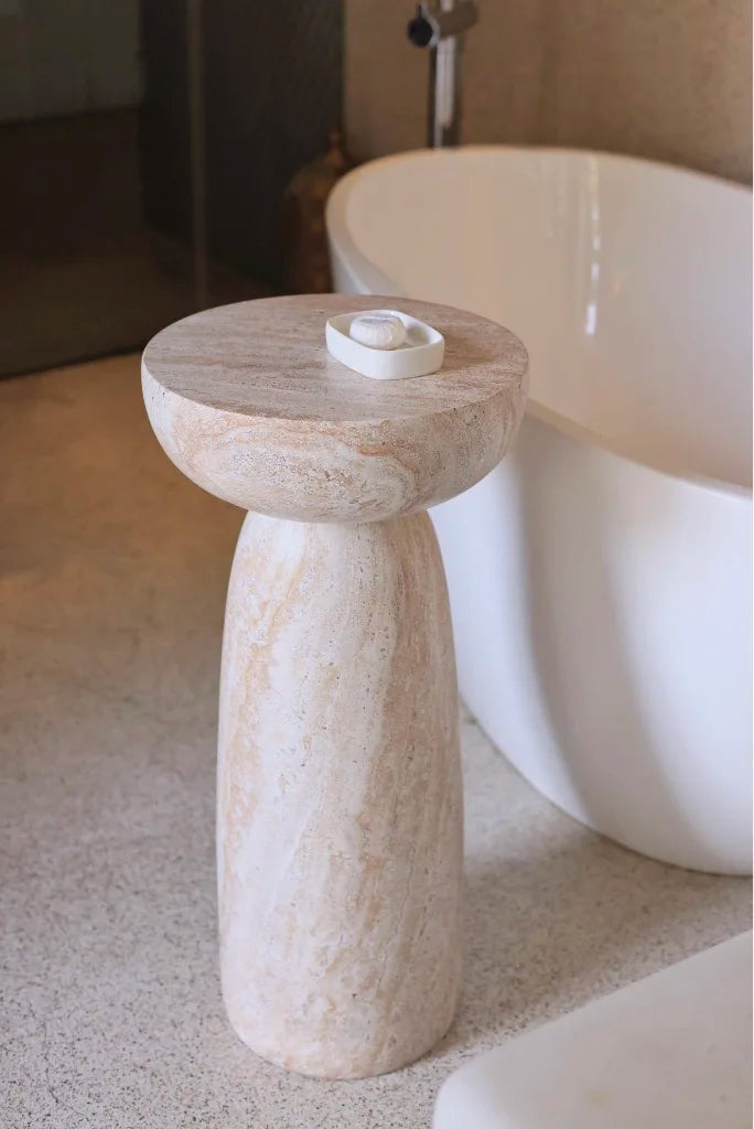 Organic-Shaped Side Table with Realistic White & Beige Marble Effect