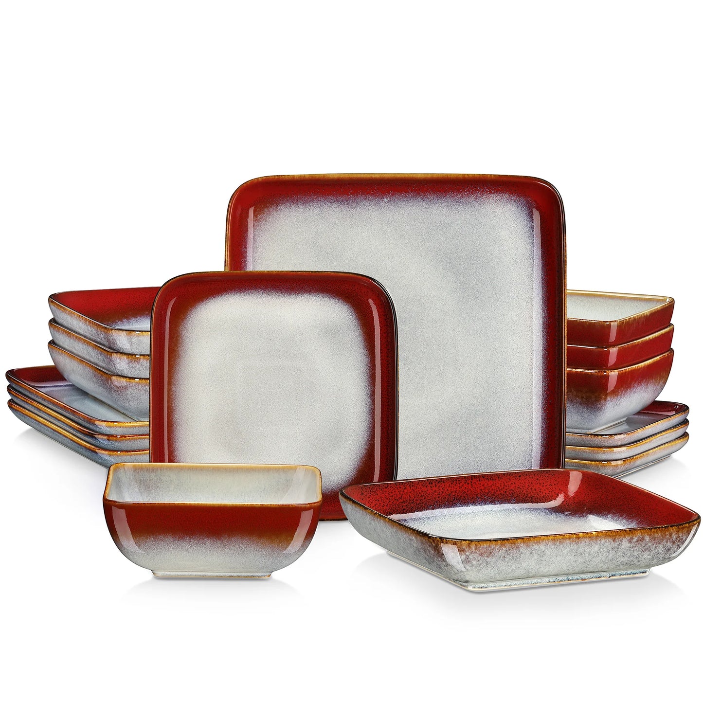 Dinnerware Set Handcrafted Ceramic 16-Piece – Green, Blue and White with Red