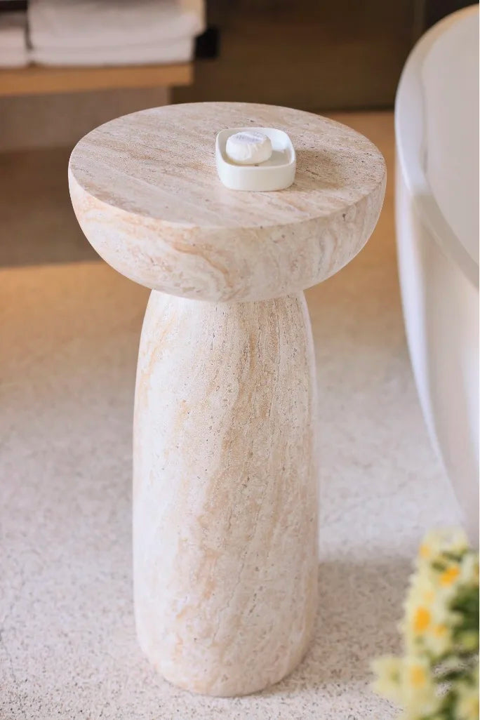 Organic-Shaped Side Table with Realistic White & Beige Marble Effect