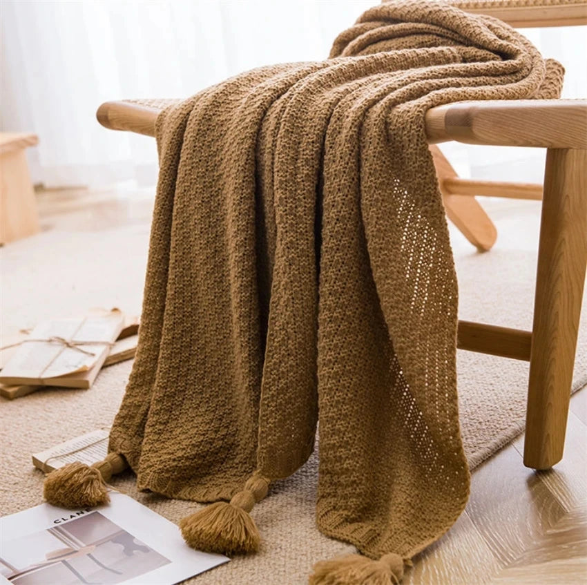 Boho Chunky Knit Throw Blanket with Tassels – Sand, Brown & Grey