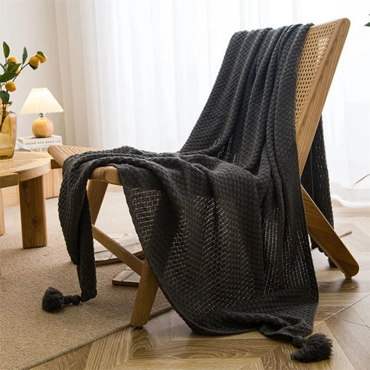 Boho Chunky Knit Throw Blanket with Tassels – Sand, Brown & Grey