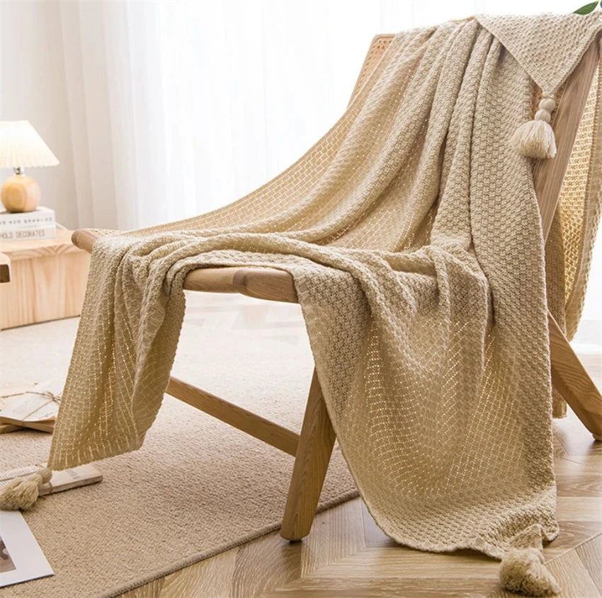 Boho Chunky Knit Throw Blanket with Tassels – Sand, Brown & Grey