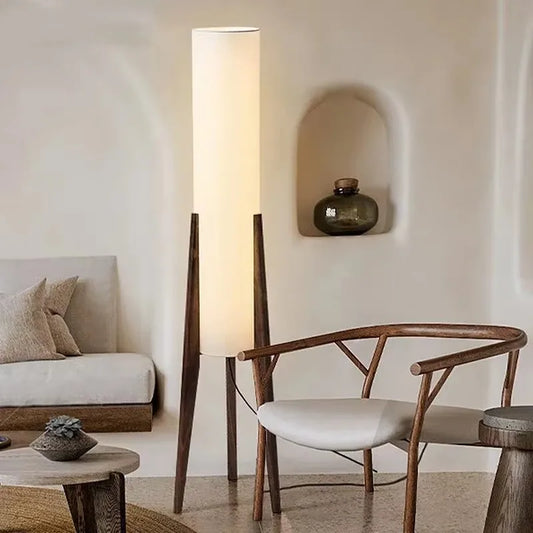 Nordic Scandinavian Solid Wood Floor Lamp – Retro Tripod Light with Fabric Shade (Walnut or Light Oak)
