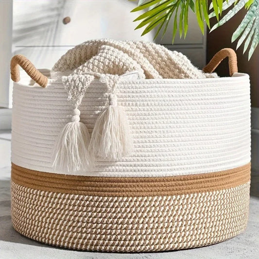 Cotton Rope Storage Basket – Woven Blanket & Laundry Organizer for Living Room