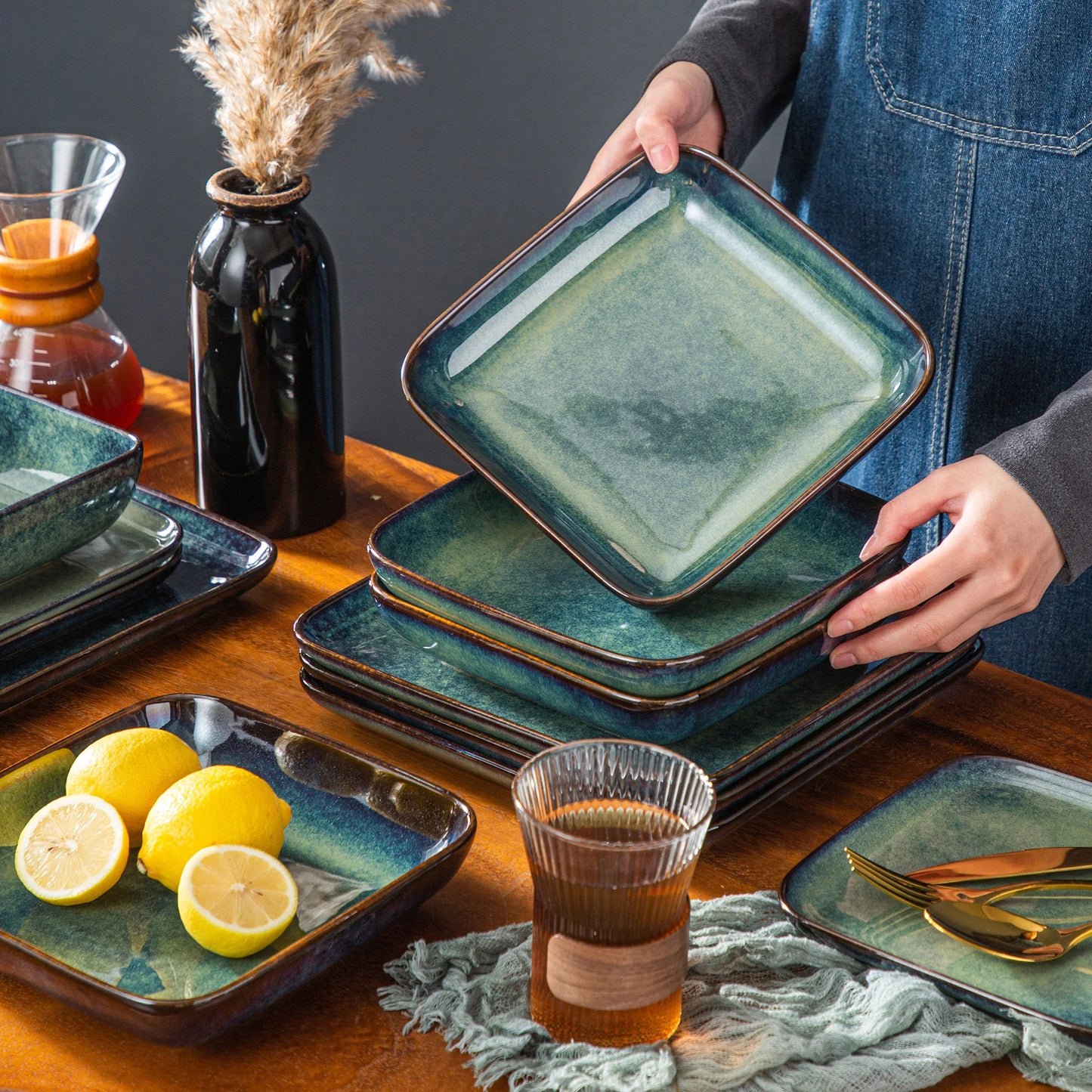 Dinnerware Set Handcrafted Ceramic 16-Piece – Green, Blue and White with Red